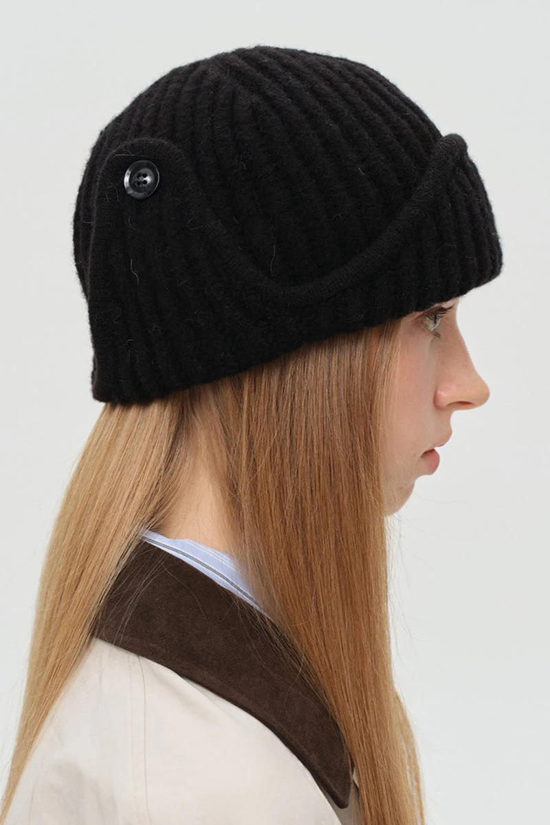 Solid Wool Blend Irregular Button Knitted Hat - Image 9