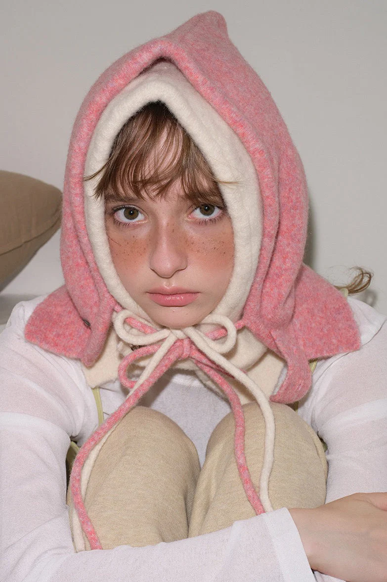 Solid Wool Drawstring Oversized Knitted Balaclava Hat