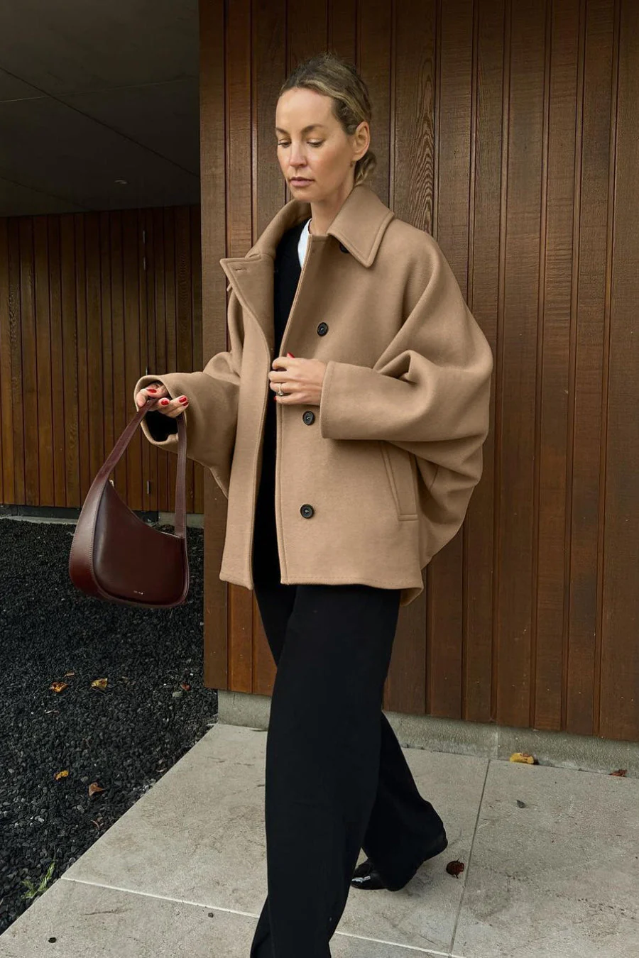 Solid Wool Notch Collar Bell Sleeve Coat - Image 3