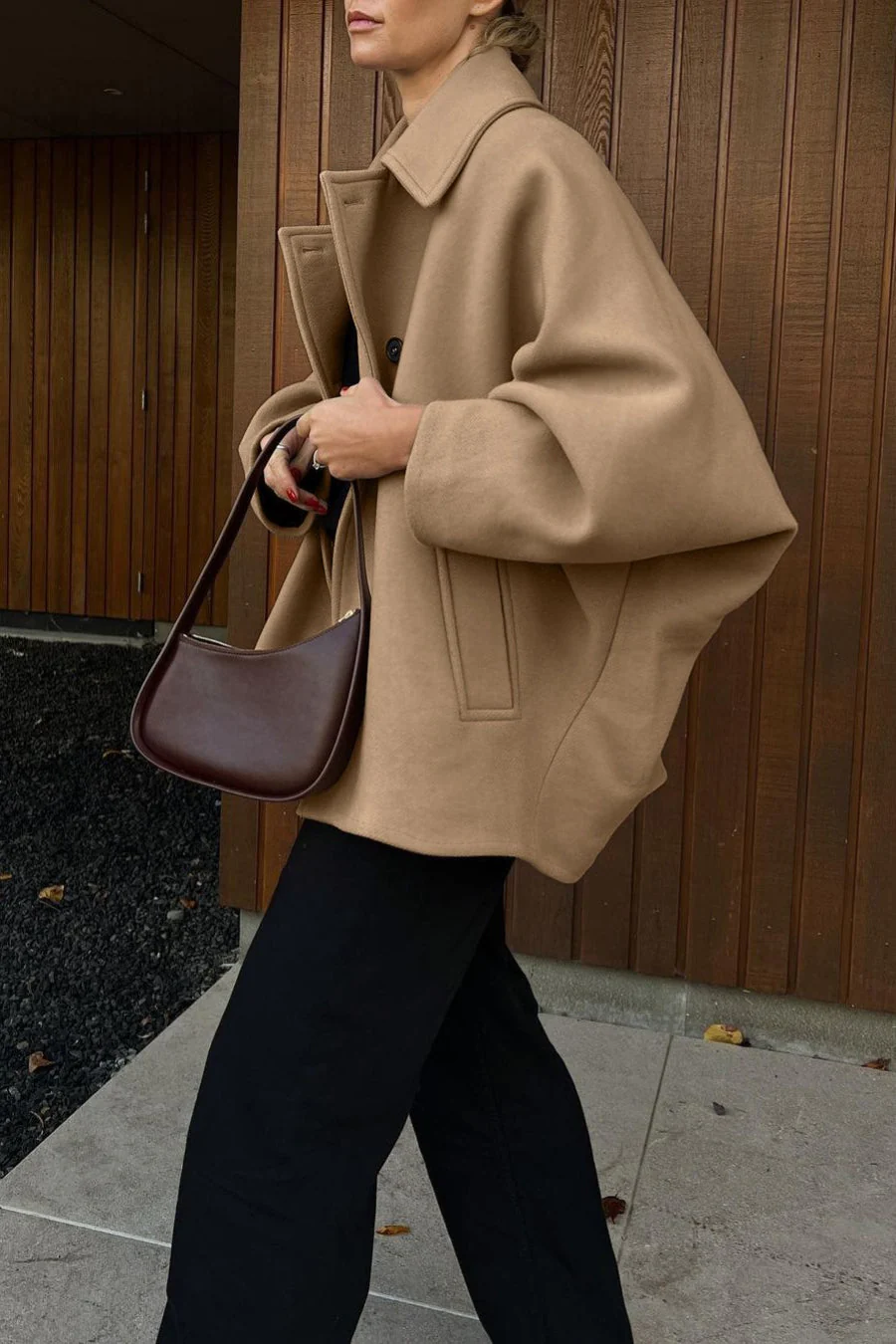 Solid Wool Notch Collar Bell Sleeve Coat - Image 4