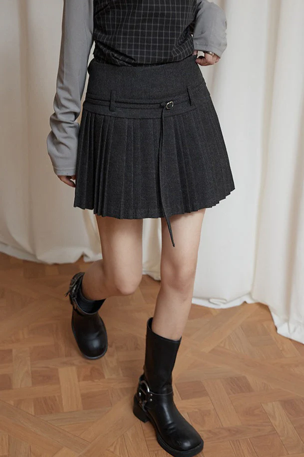 Solid Wool Pleated High Waist Skirt - Image 11