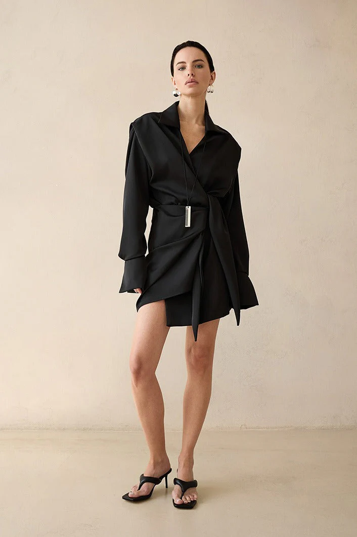Solid Wrap Front Long Sleeve Slim Waist Mini Dress - Image 2