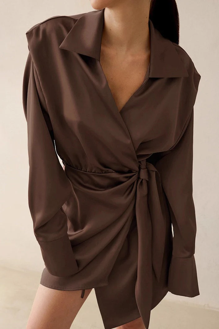 Solid Wrap Front Long Sleeve Slim Waist Mini Dress - Image 3