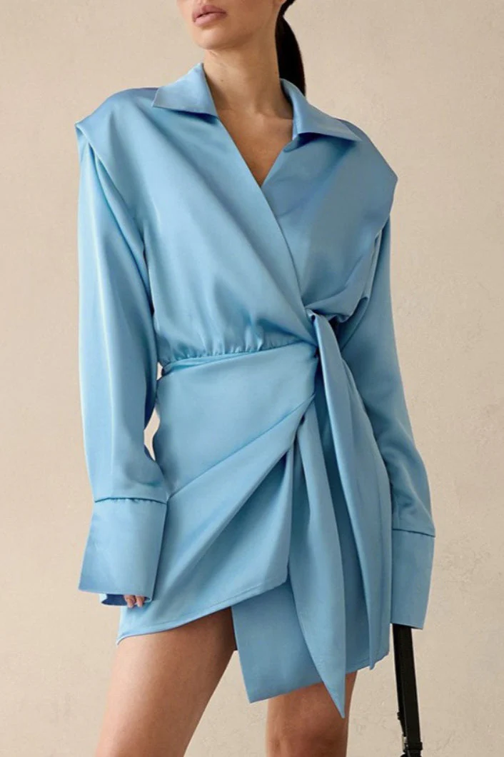 Solid Wrap Front Long Sleeve Slim Waist Mini Dress - Image 5