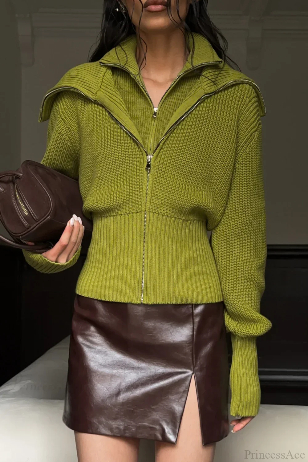 Solid Zip Fitted Waist Fake Cardigan - Image 2