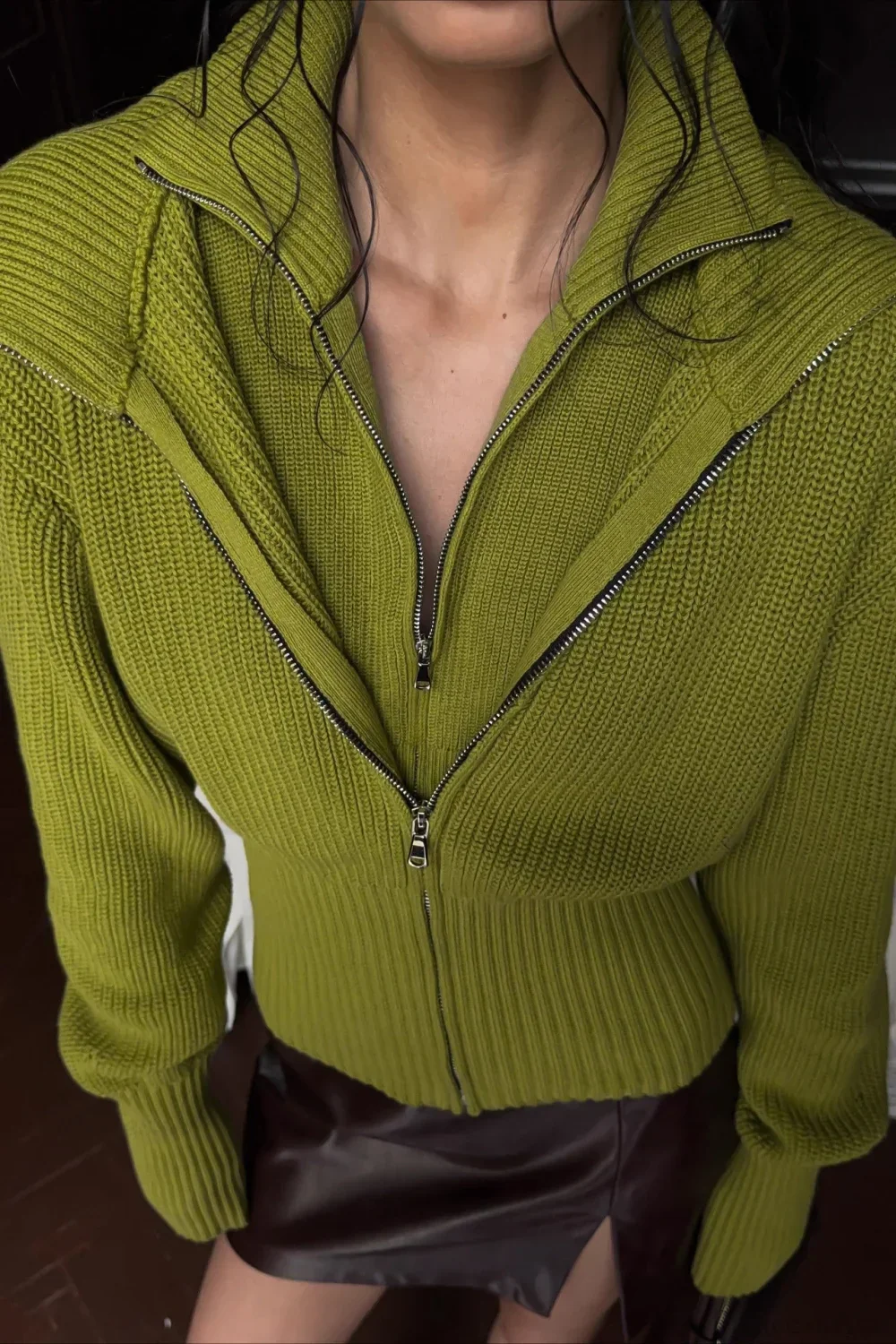 Solid Zip Fitted Waist Fake Cardigan - Image 3