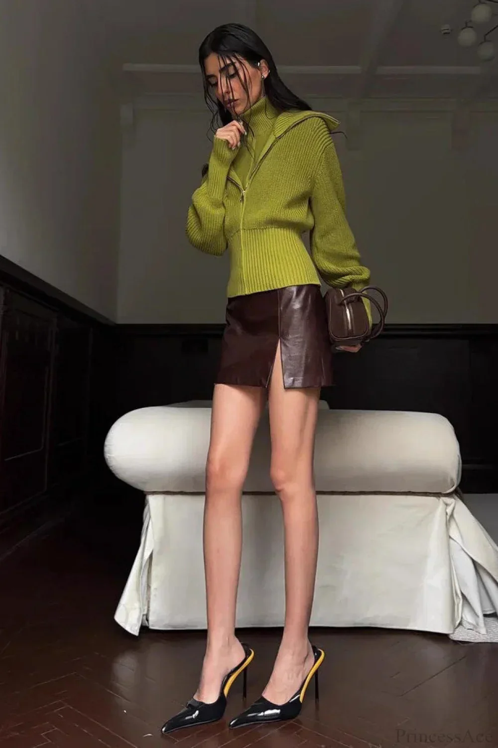 Solid Zip Fitted Waist Fake Cardigan - Image 5