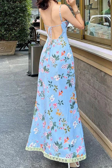 Spaghetti Strap Lace Backless Ruffle Floral Dress - Image 2