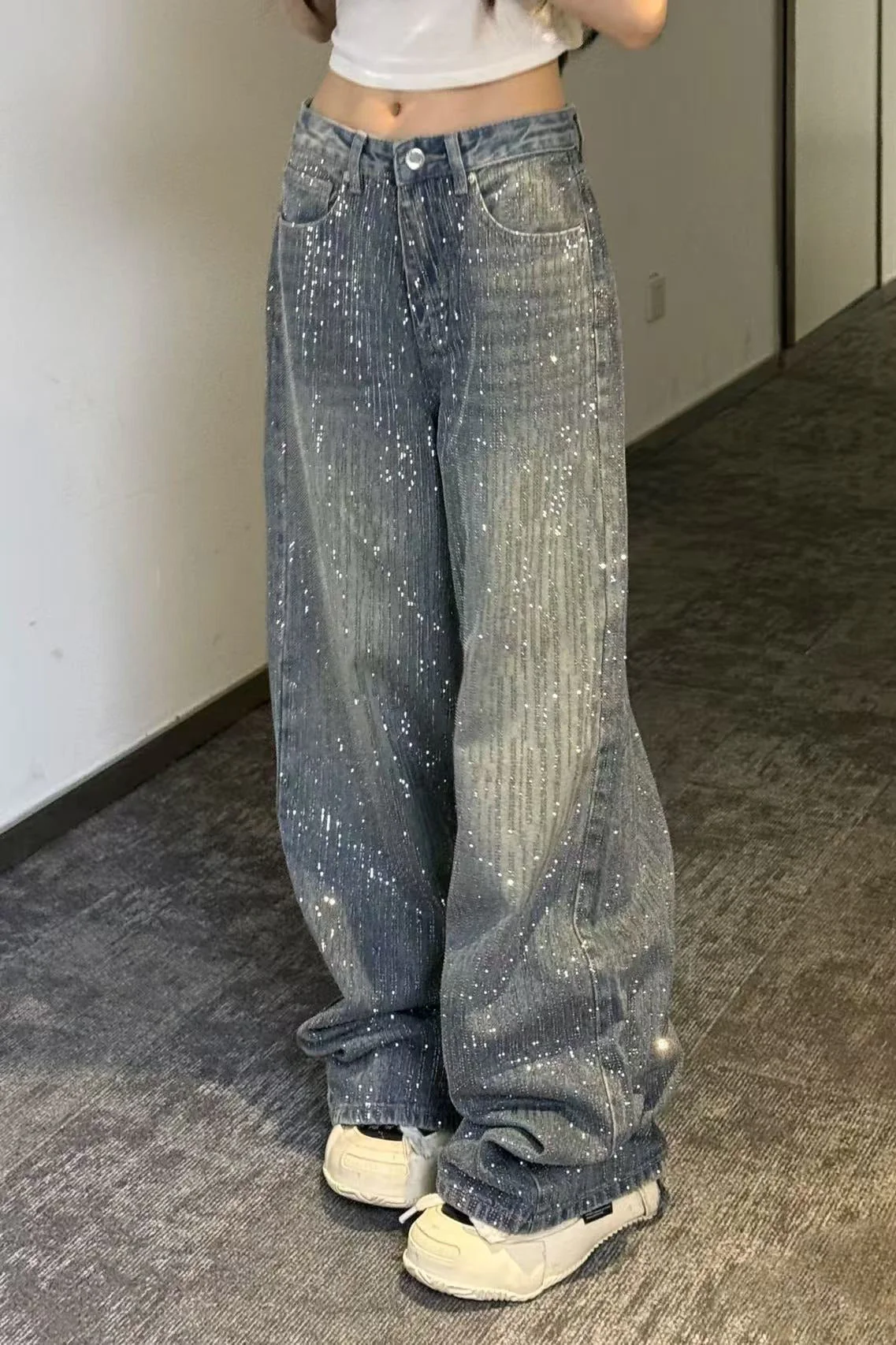 Sparkly All Rhinestone Washed Loose Wide Leg Jeans - Image 2
