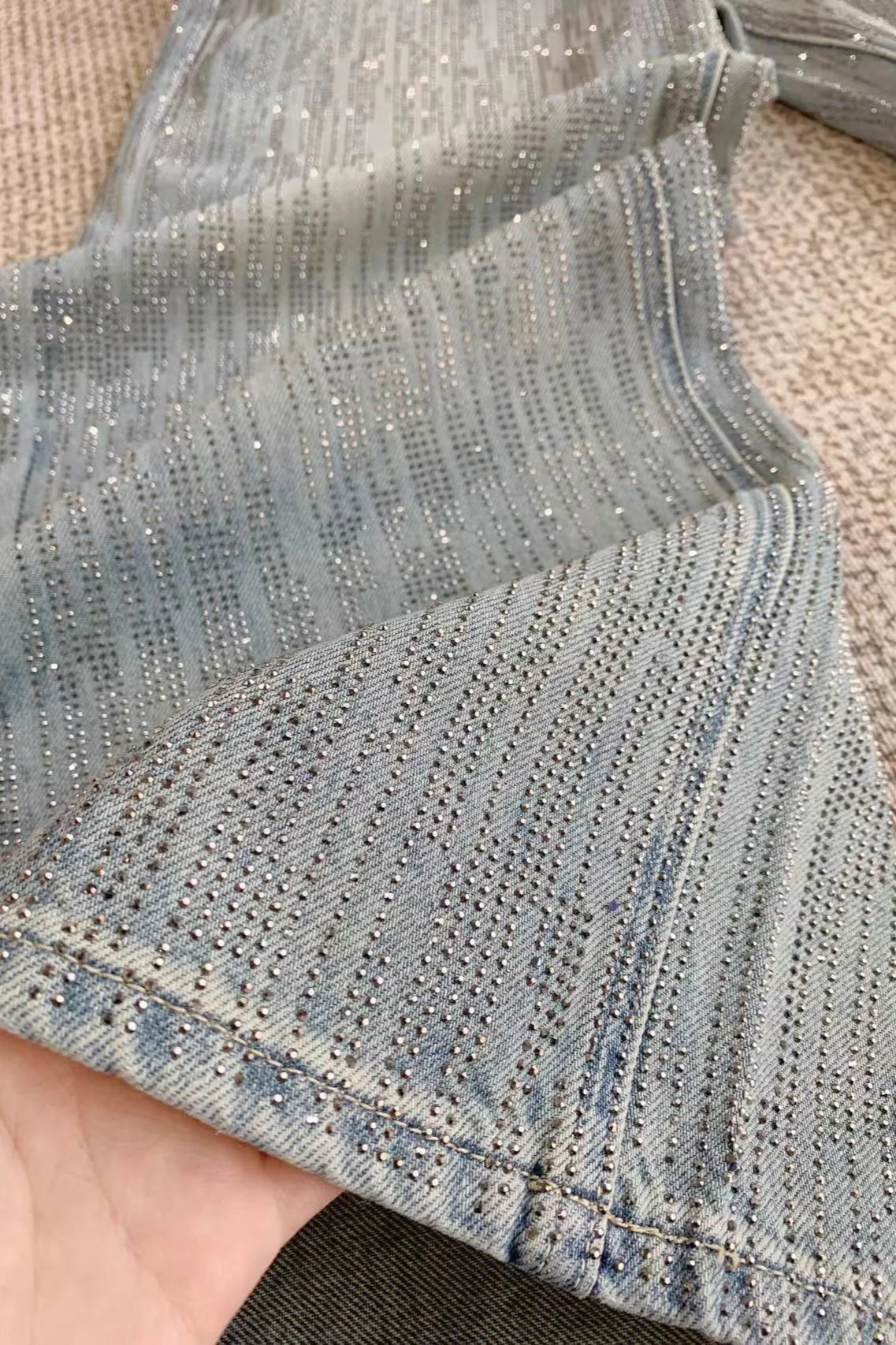 Sparkly All Rhinestone Washed Loose Wide Leg Jeans - Image 3