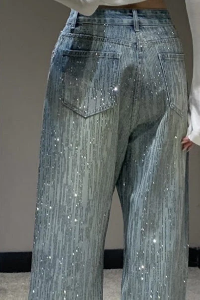 Sparkly All Rhinestone Washed Loose Wide Leg Jeans - Image 4