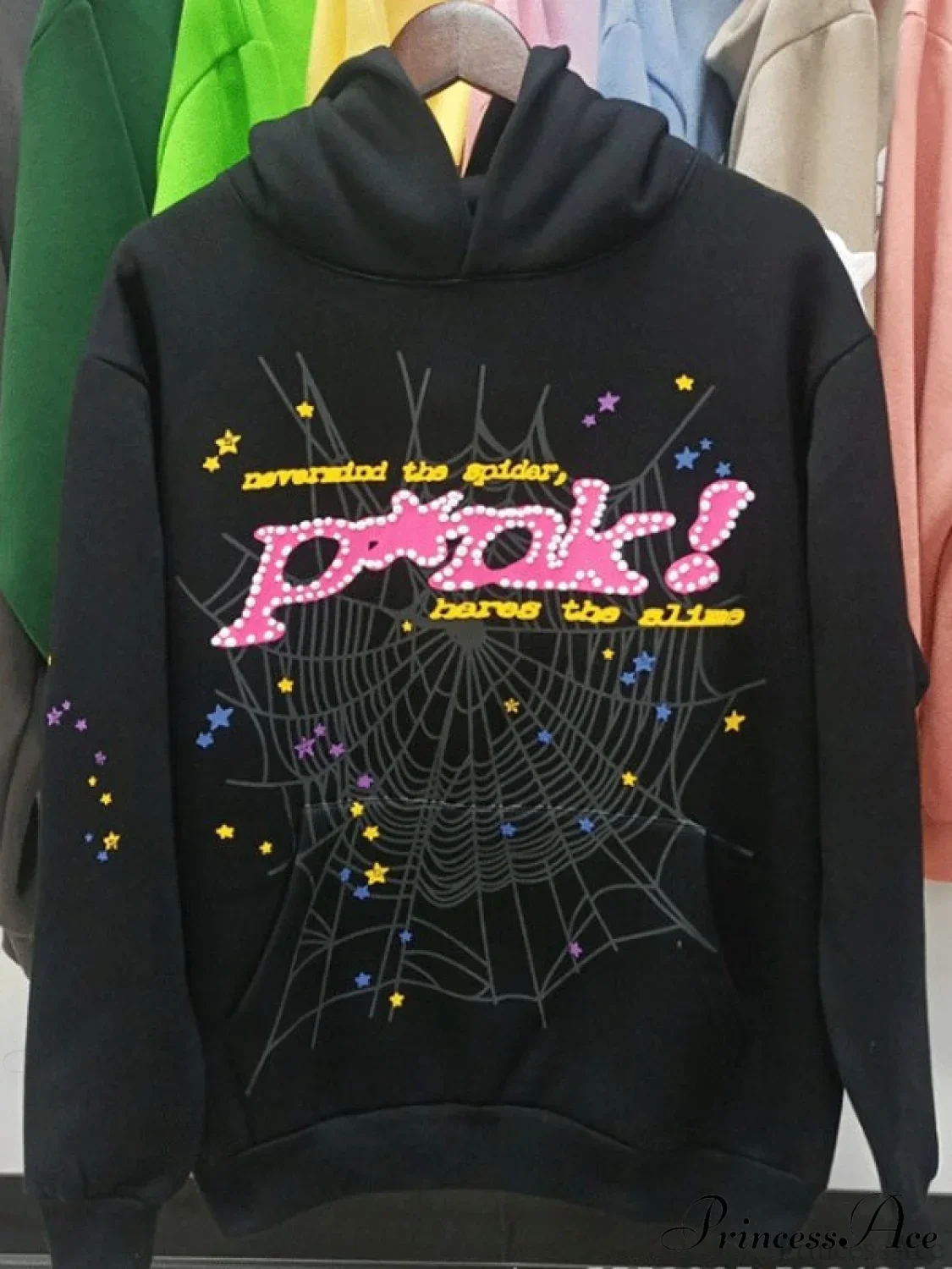 Spider Web Letter Print Fleece Cotton Thick Hoodie - Image 3