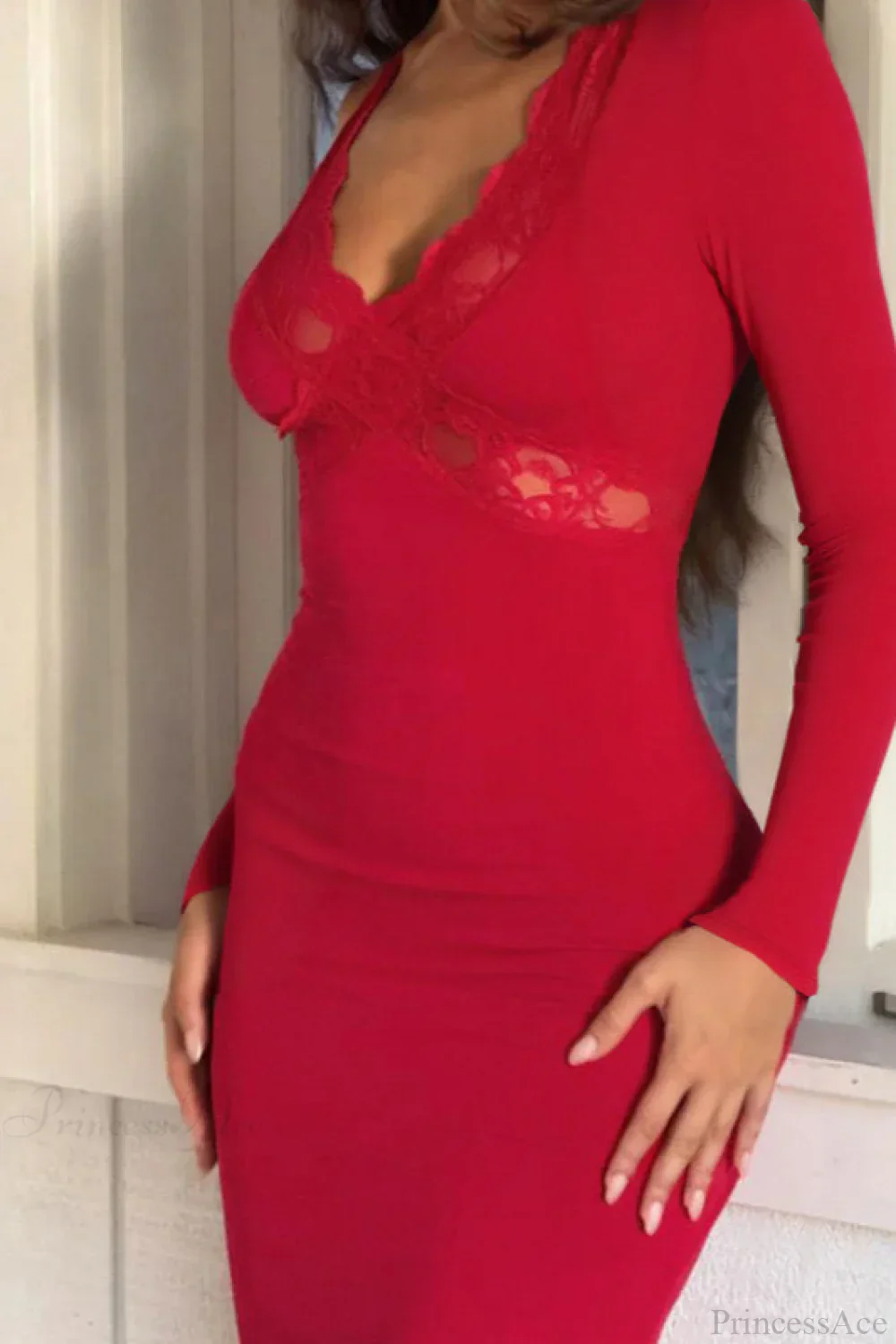 Spliced Lace Waist Cinched Bodycon Maxi Dress - Image 3