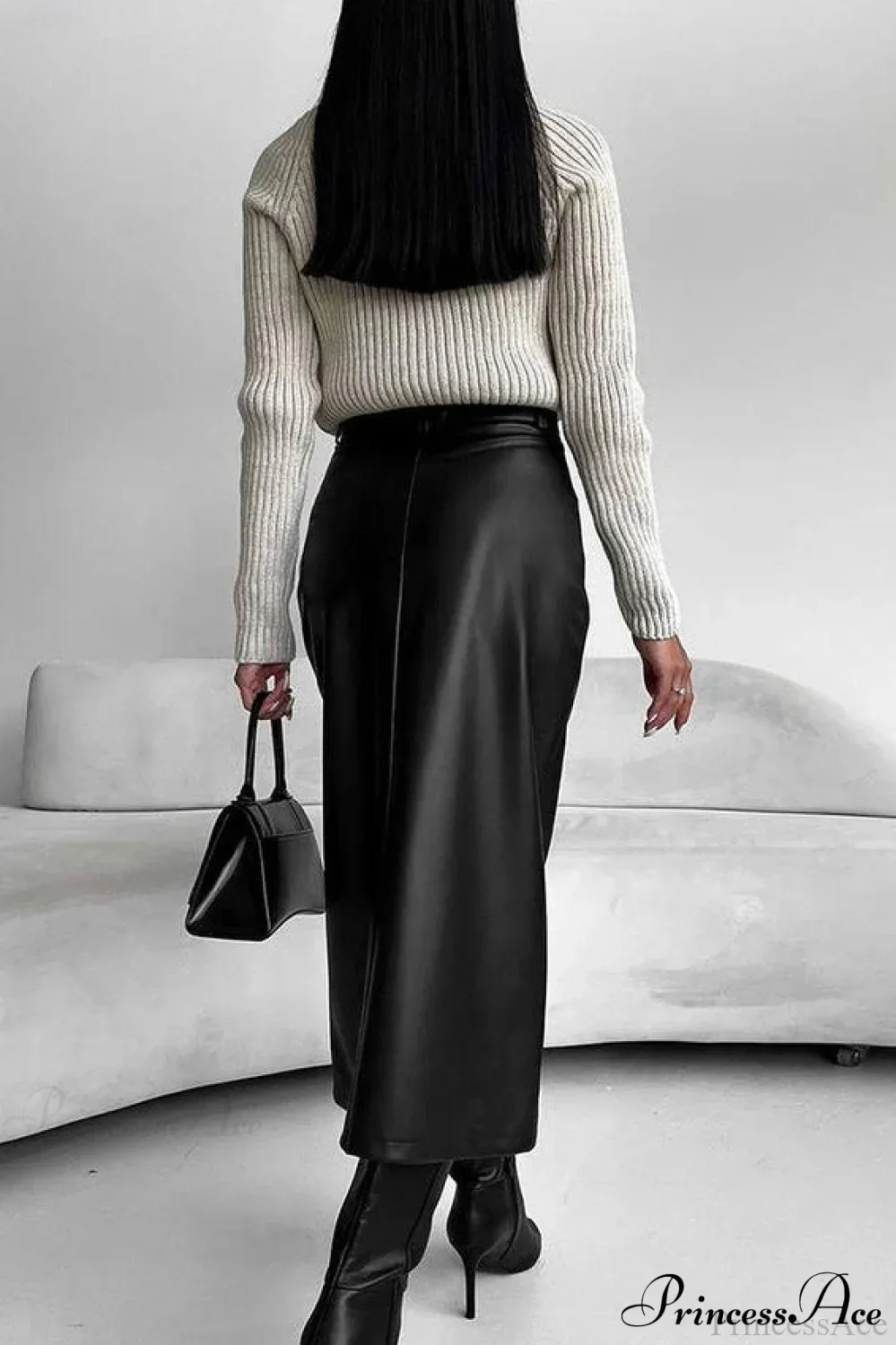 Split Design Fleece Lined Faux Leather Vintage Skirt - Image 2