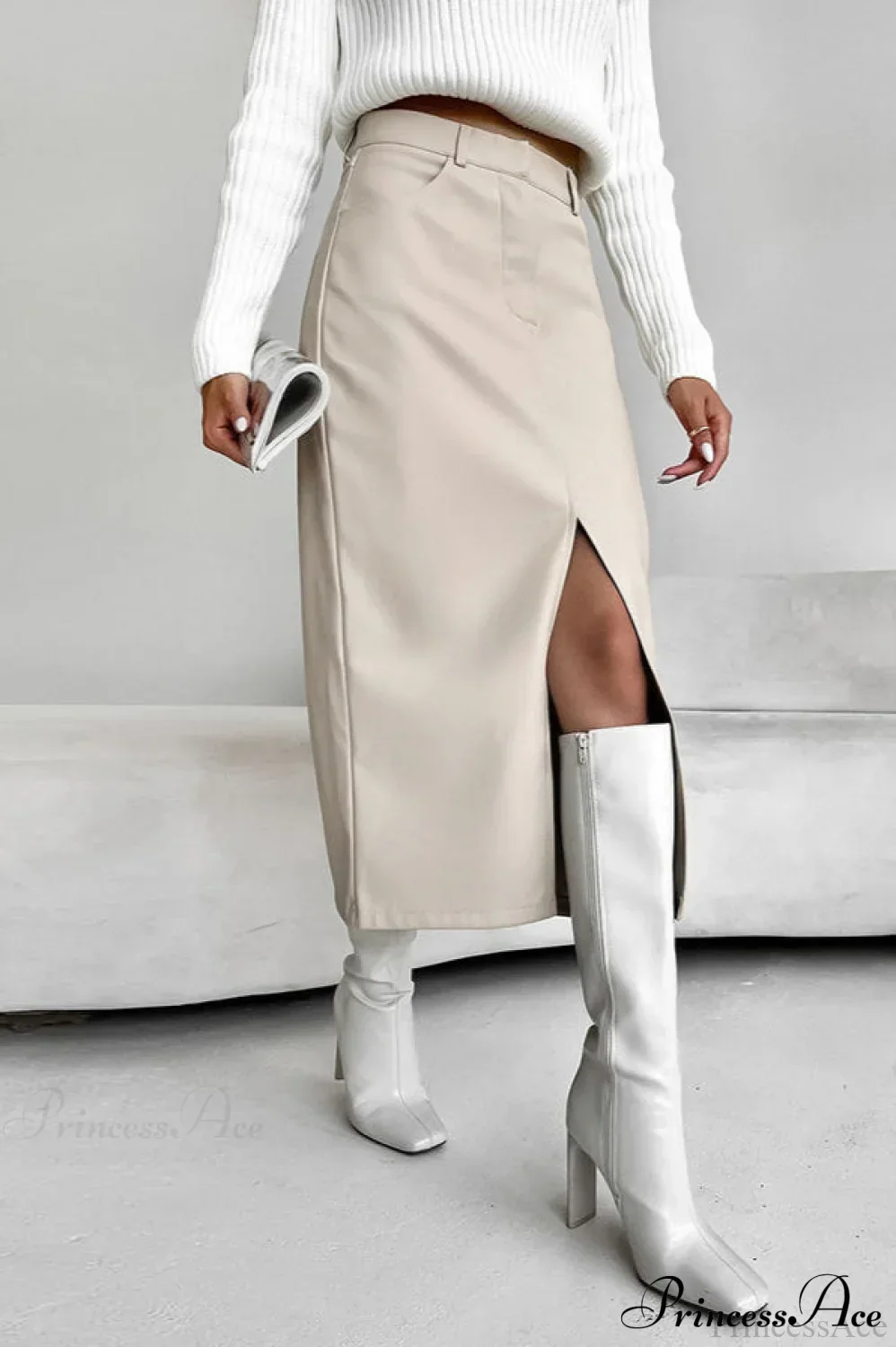 Split Design Fleece Lined Faux Leather Vintage Skirt - Image 3