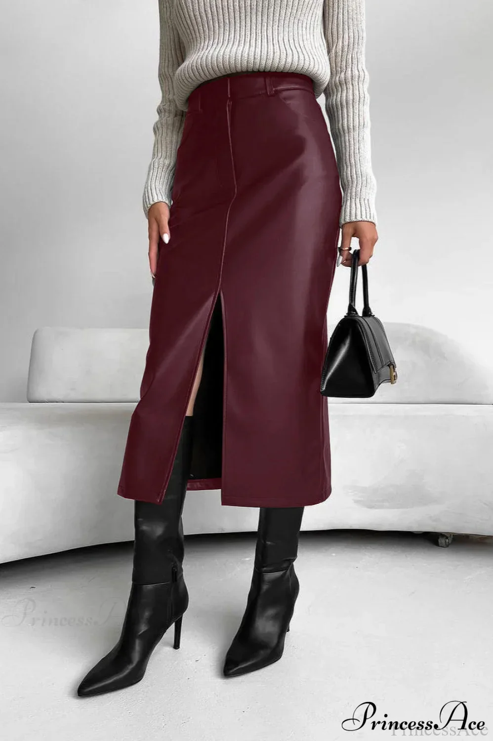 Split Design Fleece Lined Faux Leather Vintage Skirt - Image 4