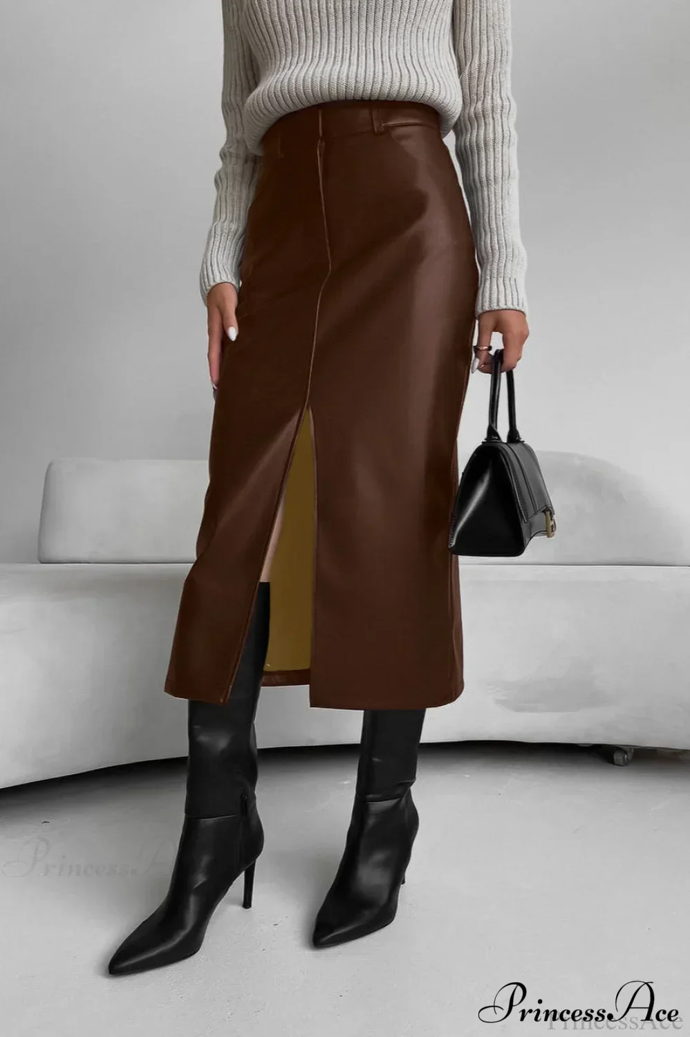 Split Design Fleece Lined Faux Leather Vintage Skirt - Image 5