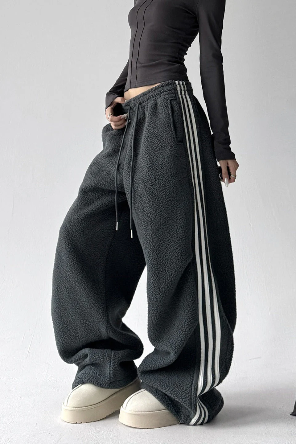 Sporty Plush Wide-Leg Striped Pants - Image 4