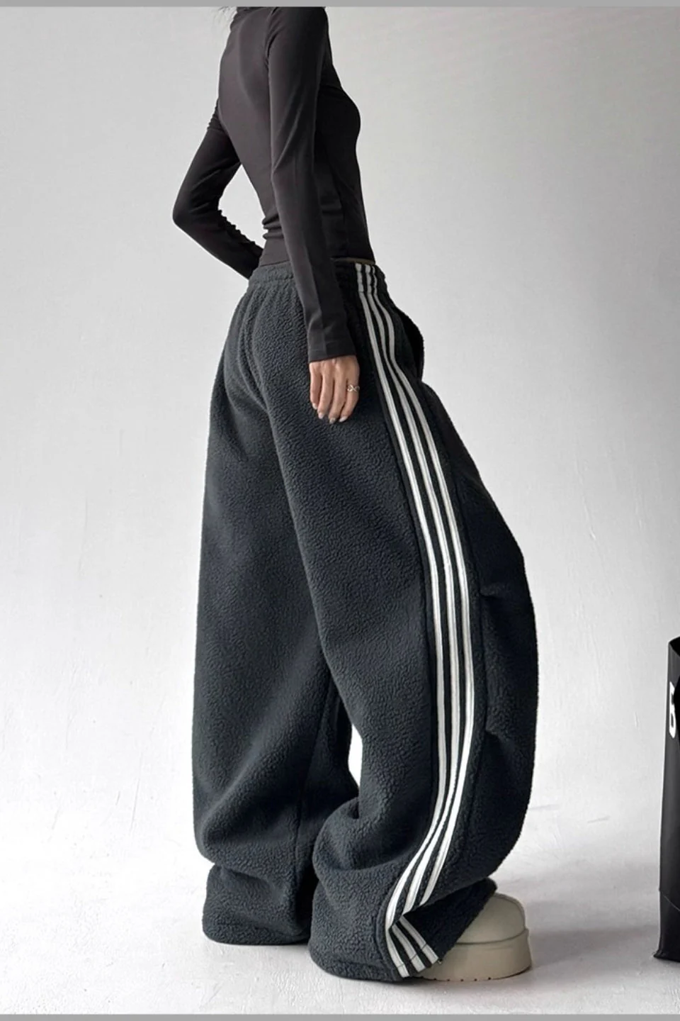 Sporty Plush Wide-Leg Striped Pants - Image 6