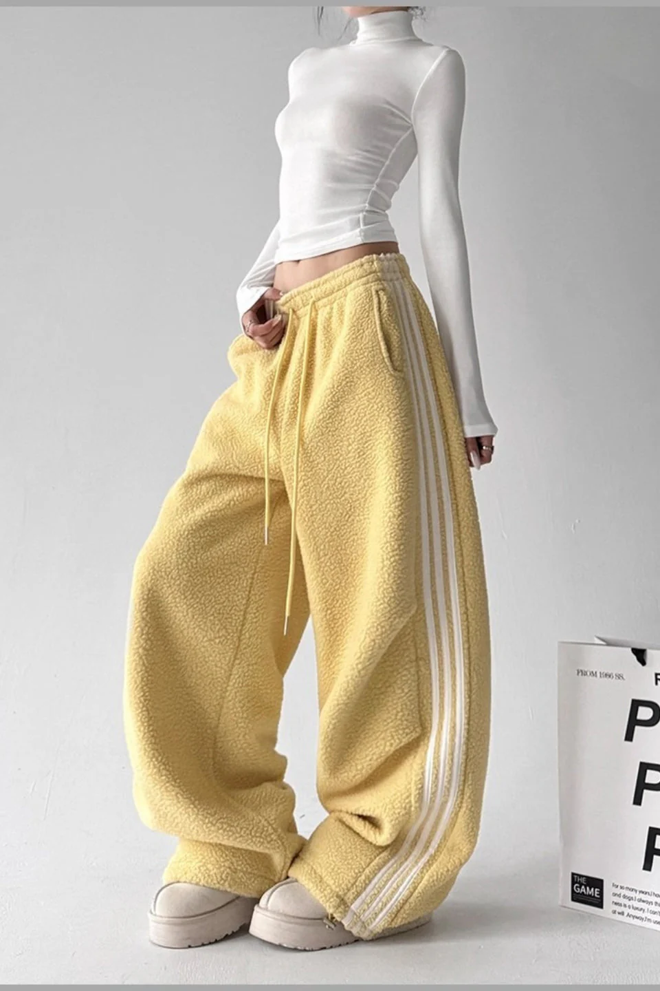 Sporty Plush Wide-Leg Striped Pants - Image 8