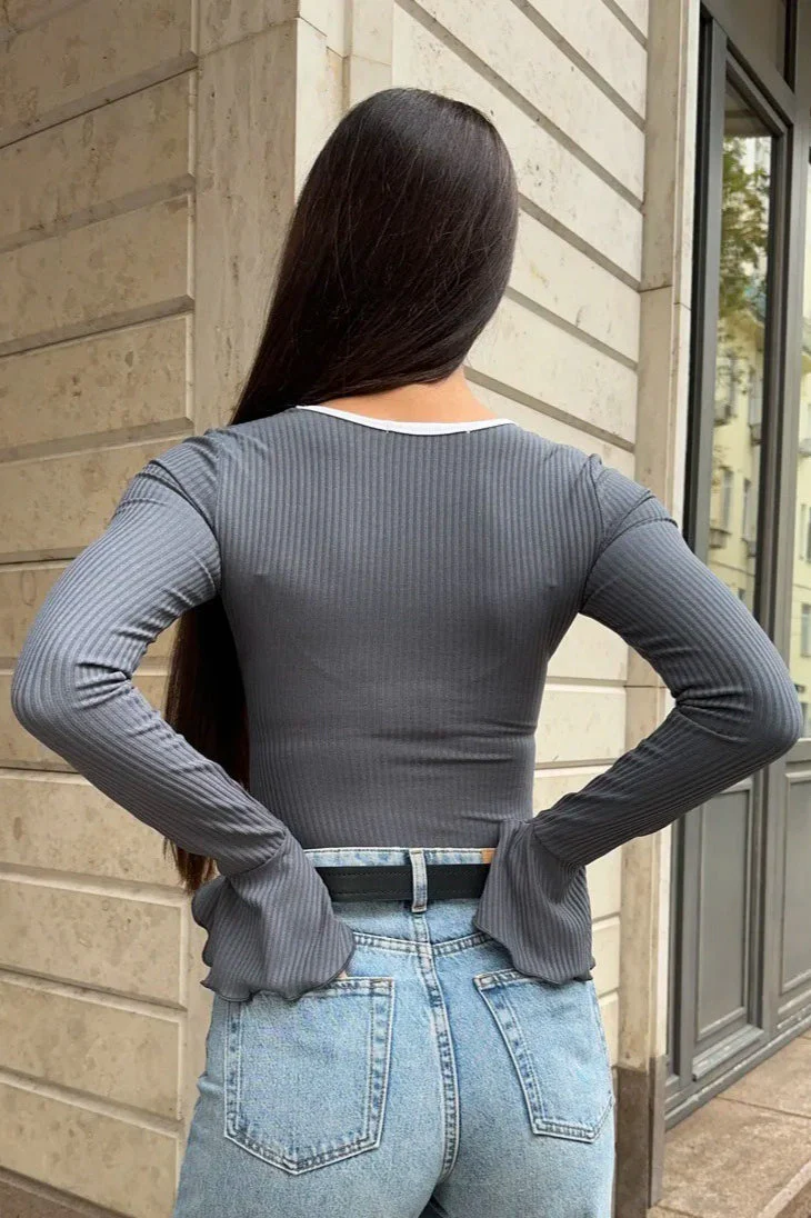Square Neck Bell Sleeve Slim Long Sleeve Tee - Image 10