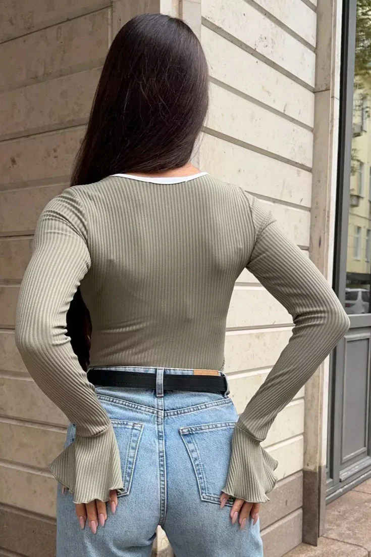 Square Neck Bell Sleeve Slim Long Sleeve Tee - Image 16