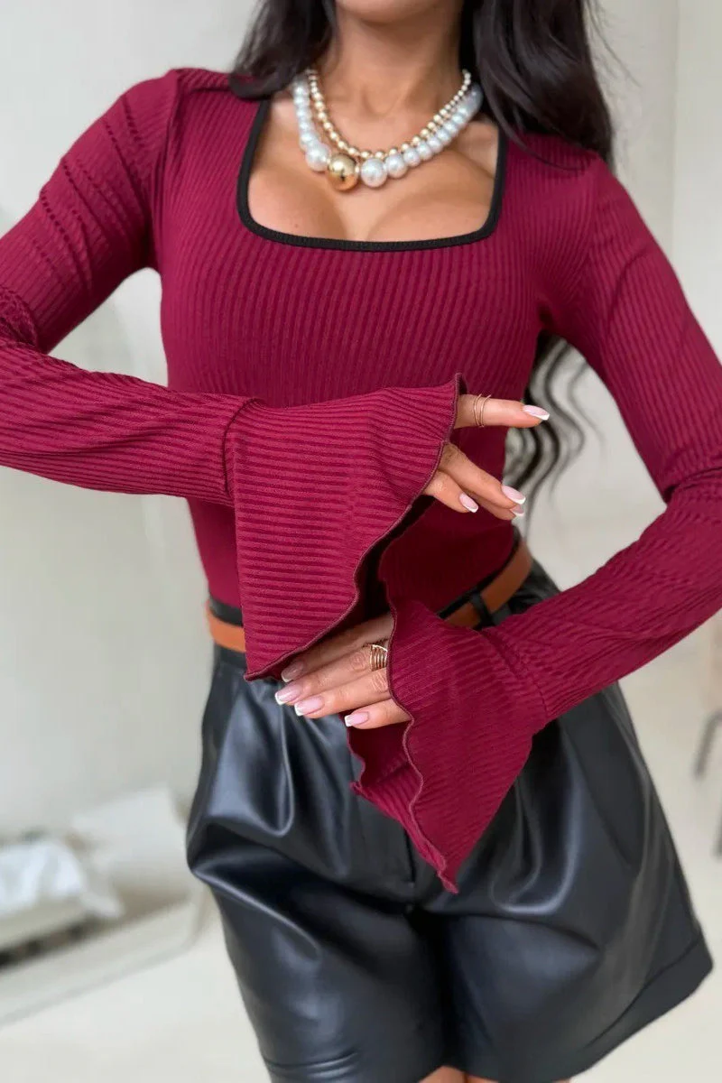 Square Neck Bell Sleeve Slim Long Sleeve Tee - Image 3