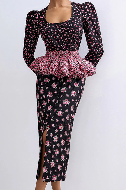 Square Neck Digital Print Ruffled Belt Floral Dress - Image 3