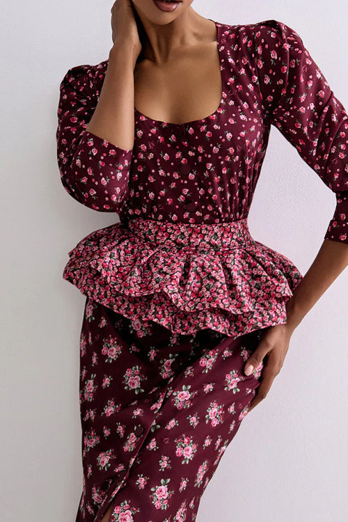 Square Neck Digital Print Ruffled Belt Floral Dress - Image 5