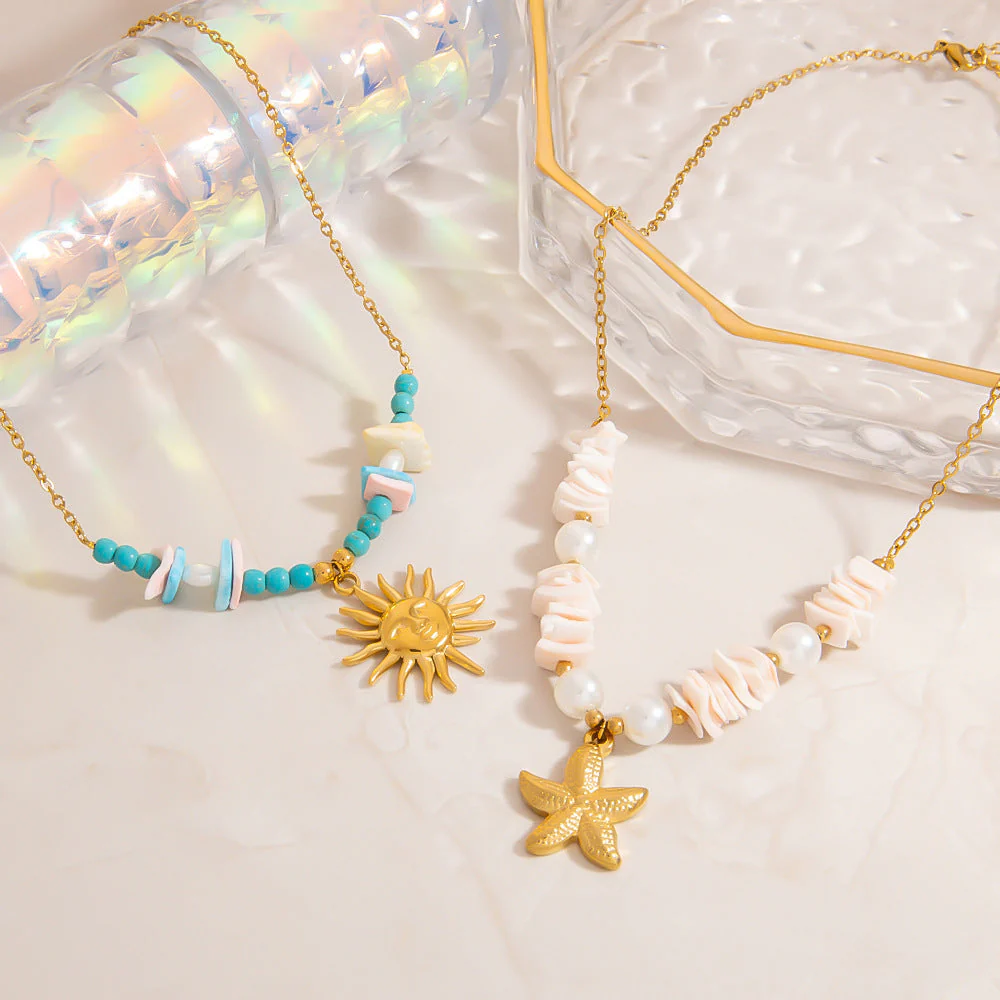 Stainless Steel Natural Stone Pearl Starfish Sun NeckLace - Image 2