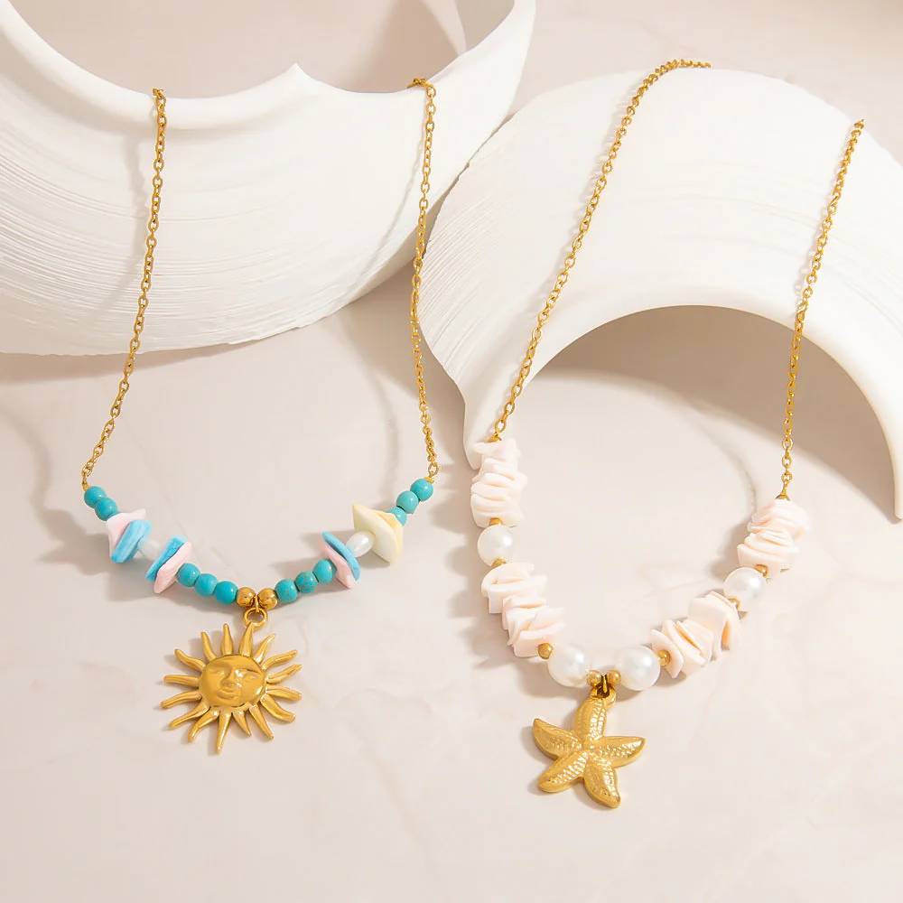 Stainless Steel Natural Stone Pearl Starfish Sun NeckLace - Image 3