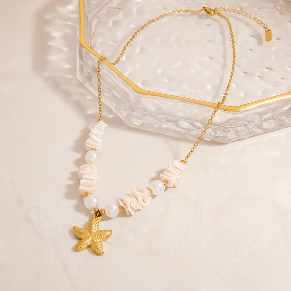 Stainless Steel Natural Stone Pearl Starfish Sun NeckLace - Image 4