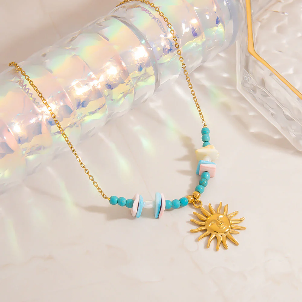 Stainless Steel Natural Stone Pearl Starfish Sun NeckLace - Image 5