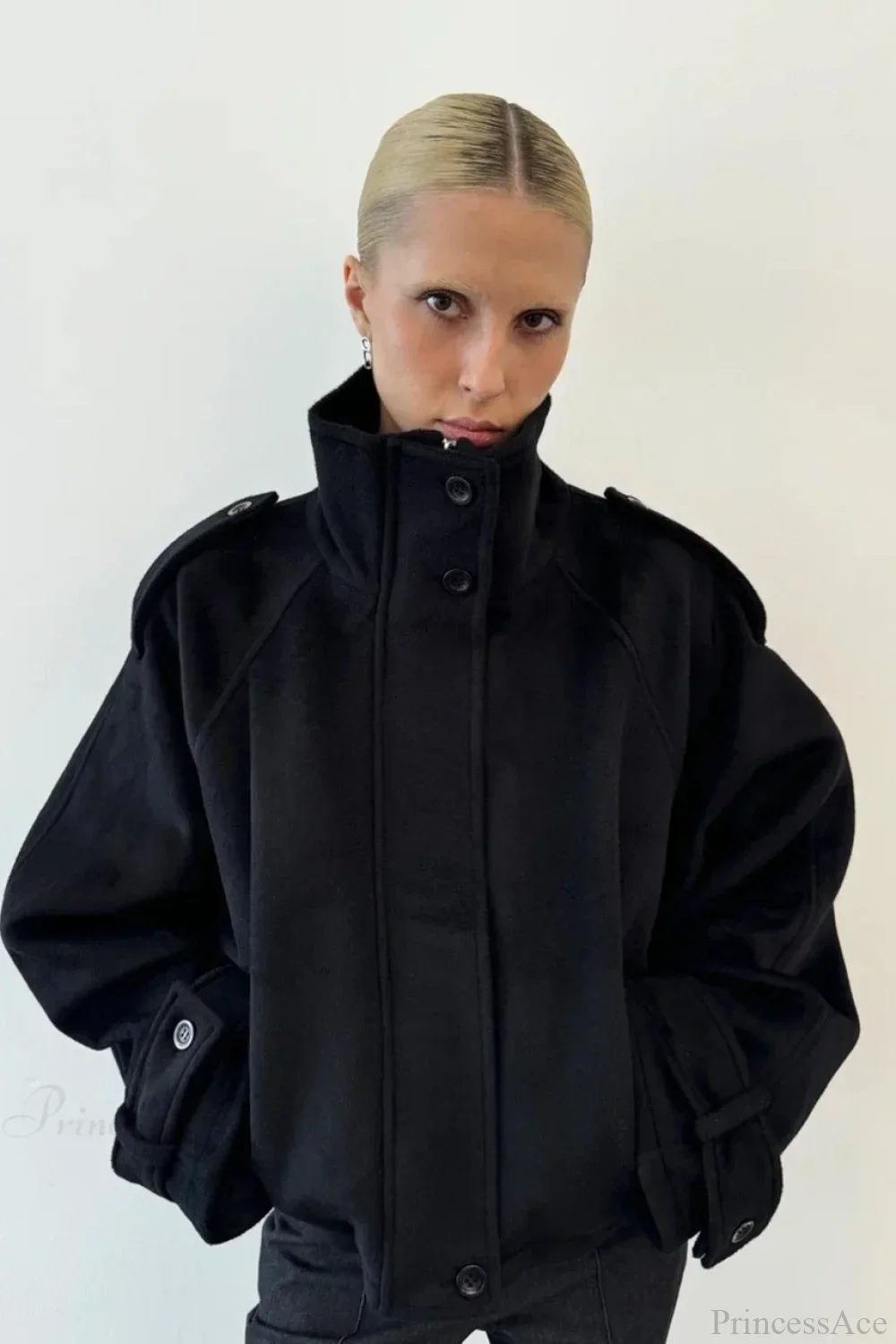 Vintage Stand Collar Buttoned Short Wool Coat - Image 8