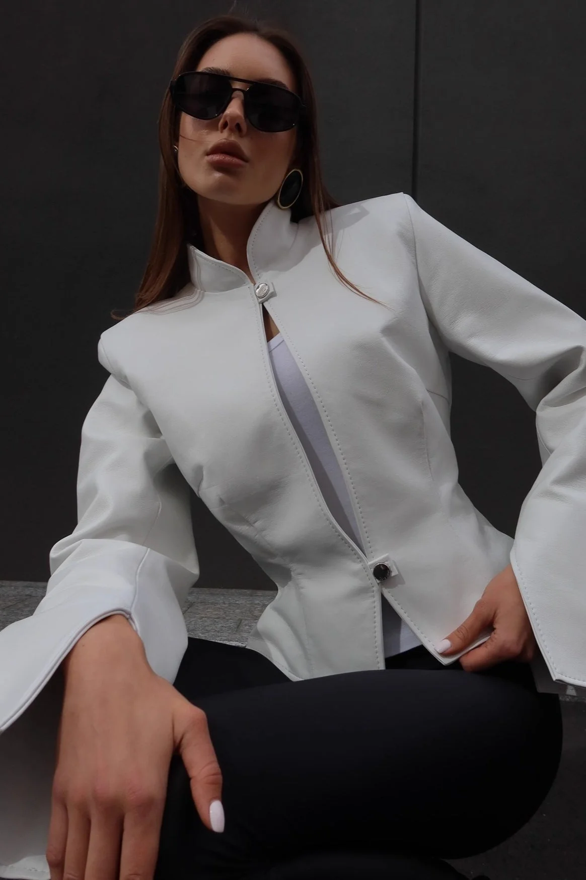 Stand Collar Fitted Leather Jacket - Image 2