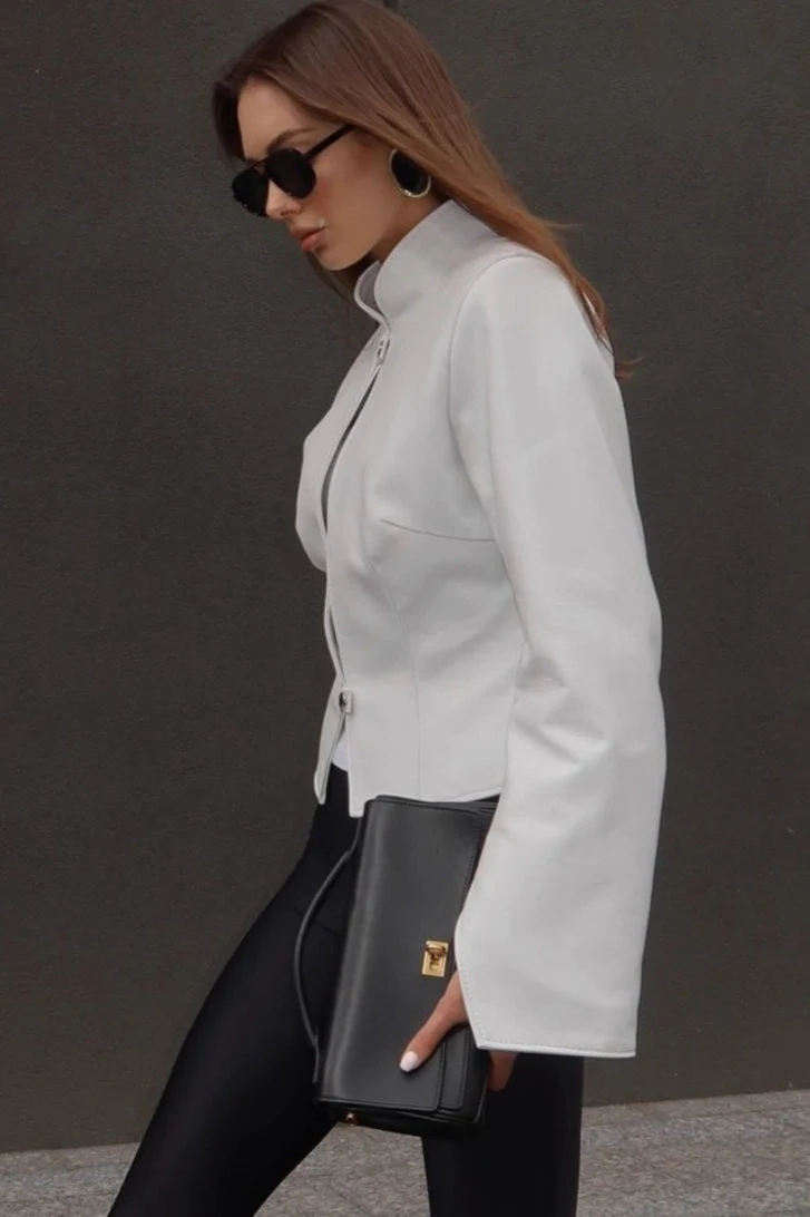 Stand Collar Fitted Leather Jacket - Image 4