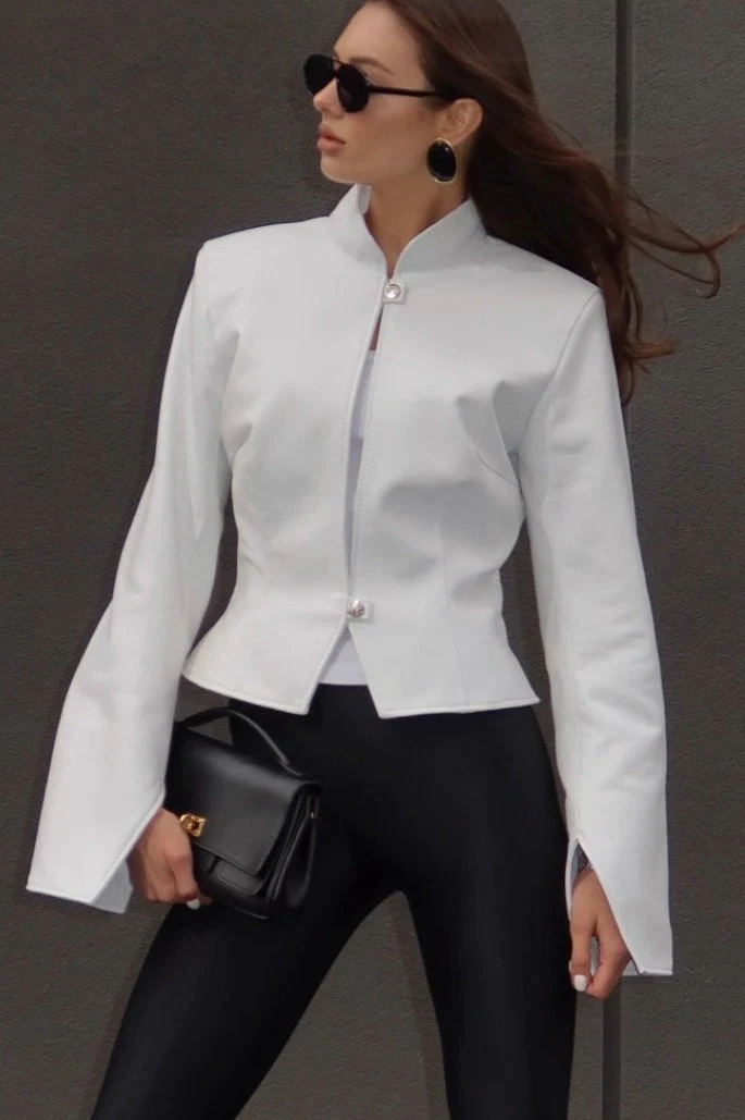 Stand Collar Fitted Leather Jacket - Image 5