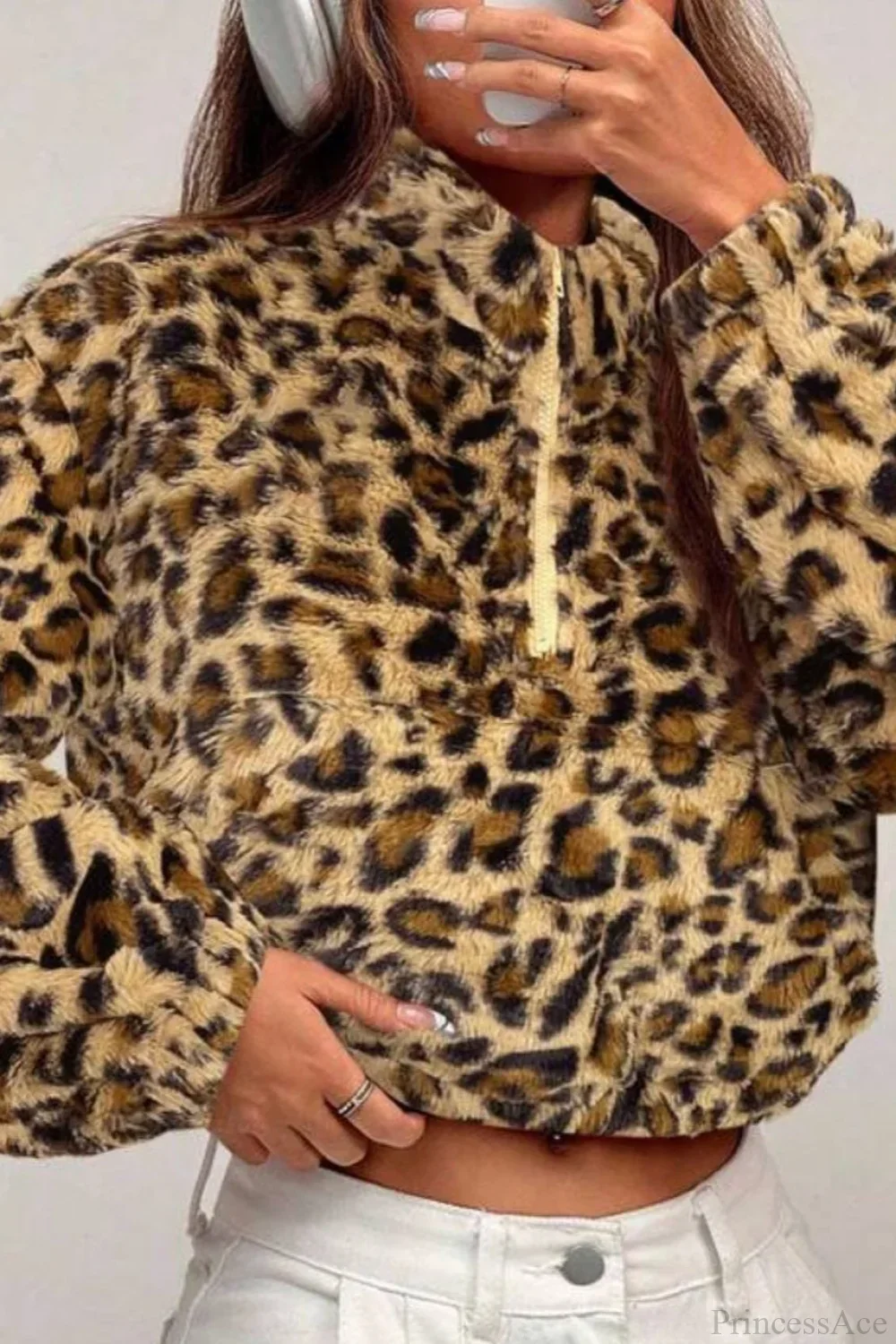 Stand Collar Half-Zip Leopard Print Cropped Fuzzy Coat - Image 2