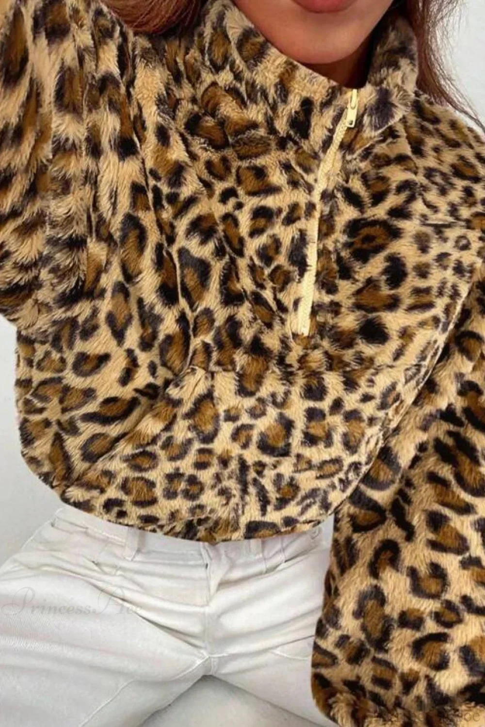 Stand Collar Half-Zip Leopard Print Cropped Fuzzy Coat - Image 3