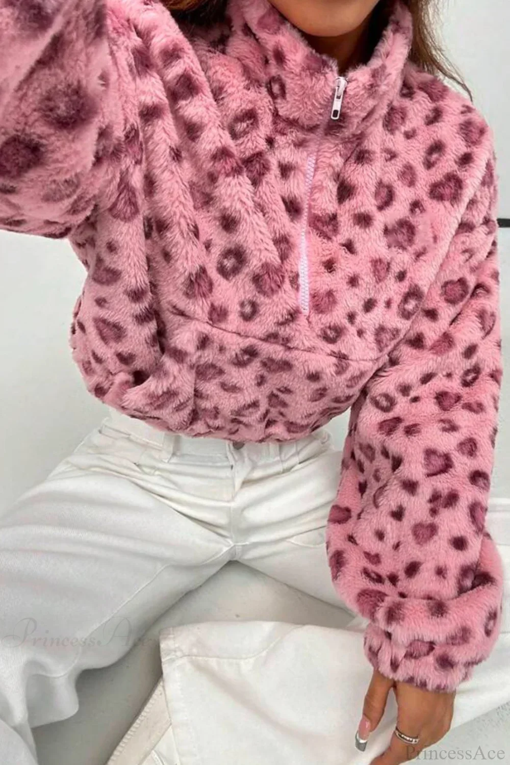 Stand Collar Half-Zip Leopard Print Cropped Fuzzy Coat - Image 4