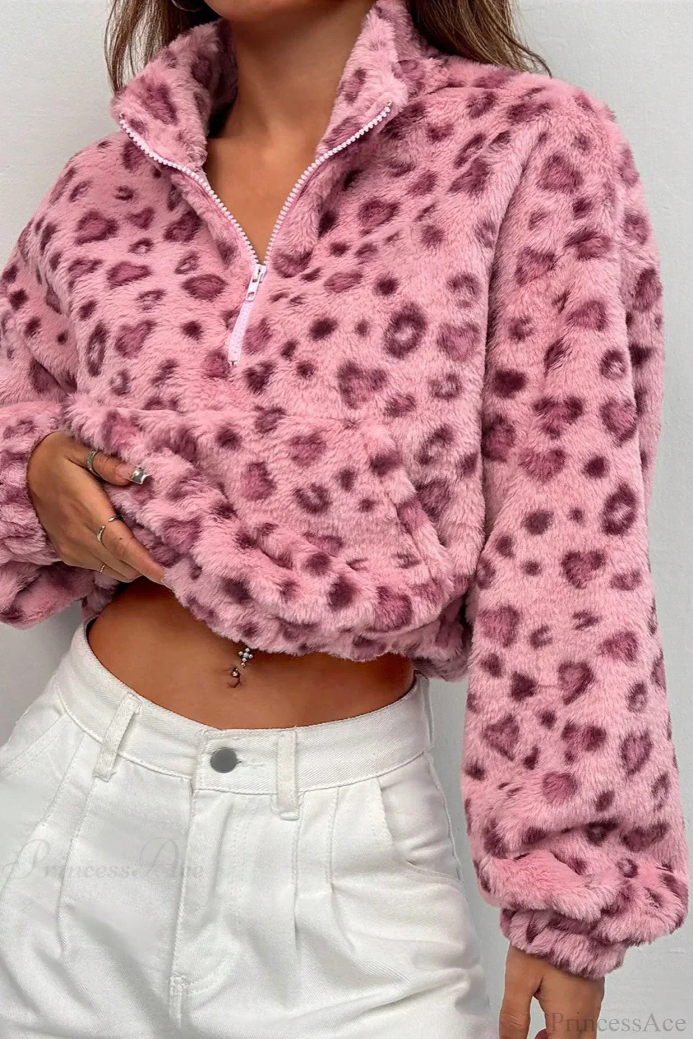 Stand Collar Half-Zip Leopard Print Cropped Fuzzy Coat - Image 5