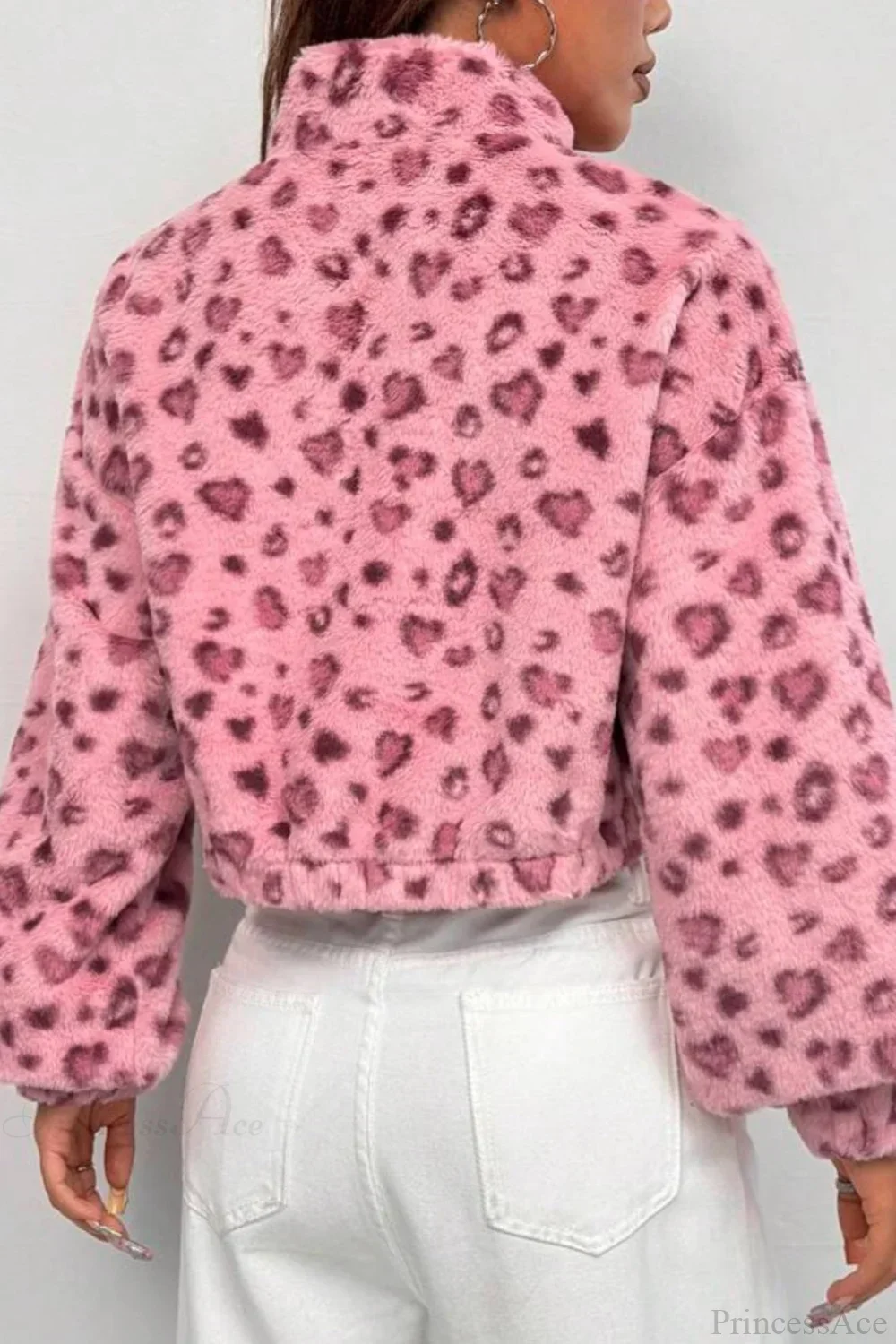 Stand Collar Half-Zip Leopard Print Cropped Fuzzy Coat - Image 6