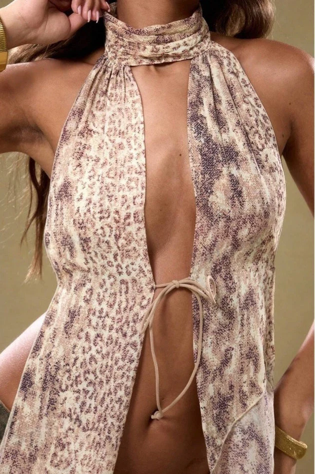 Stand Collar Halter Backless Leopard Halter Top - Image 2