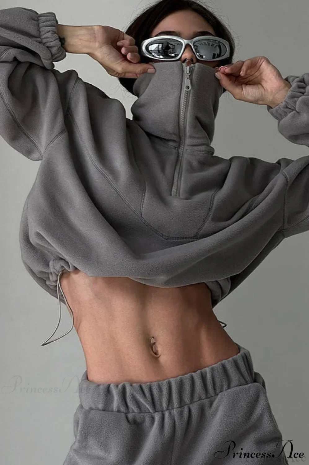 Stand Collar Polar Fleece Short Drawcord Sweatshirt - Image 3
