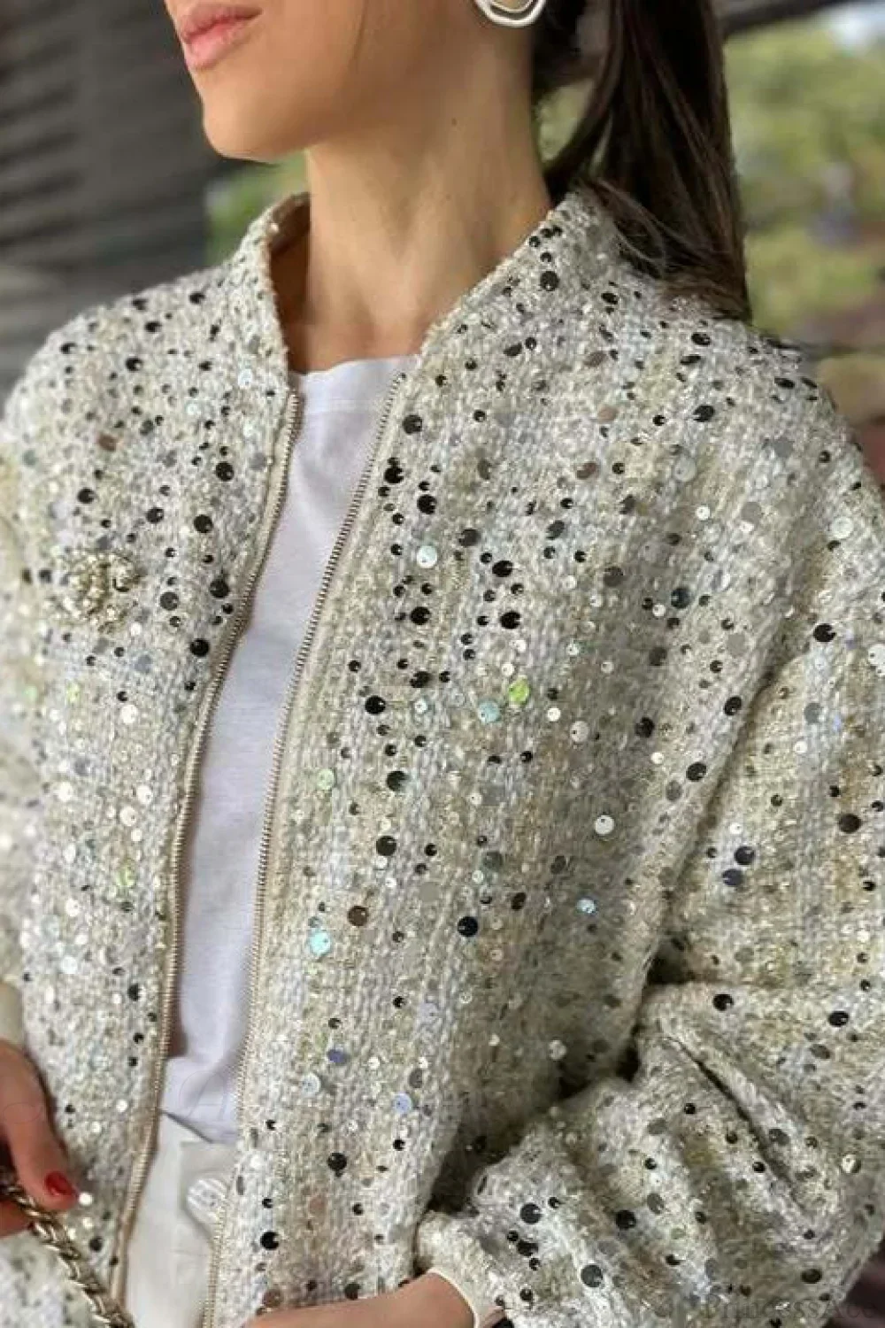 Stand Collar Sequin Long Sleeve Jacket - Image 2