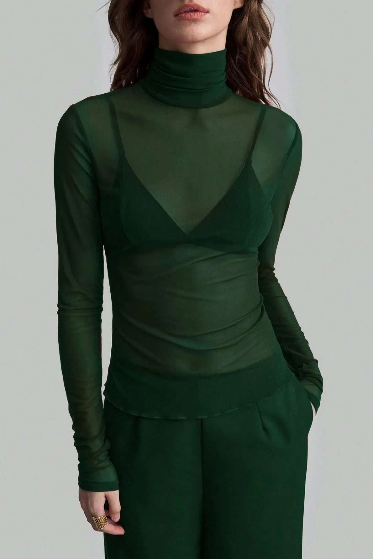 Stand Collar Solid Mesh Slim Fit Long Sleeve Tee - Image 10