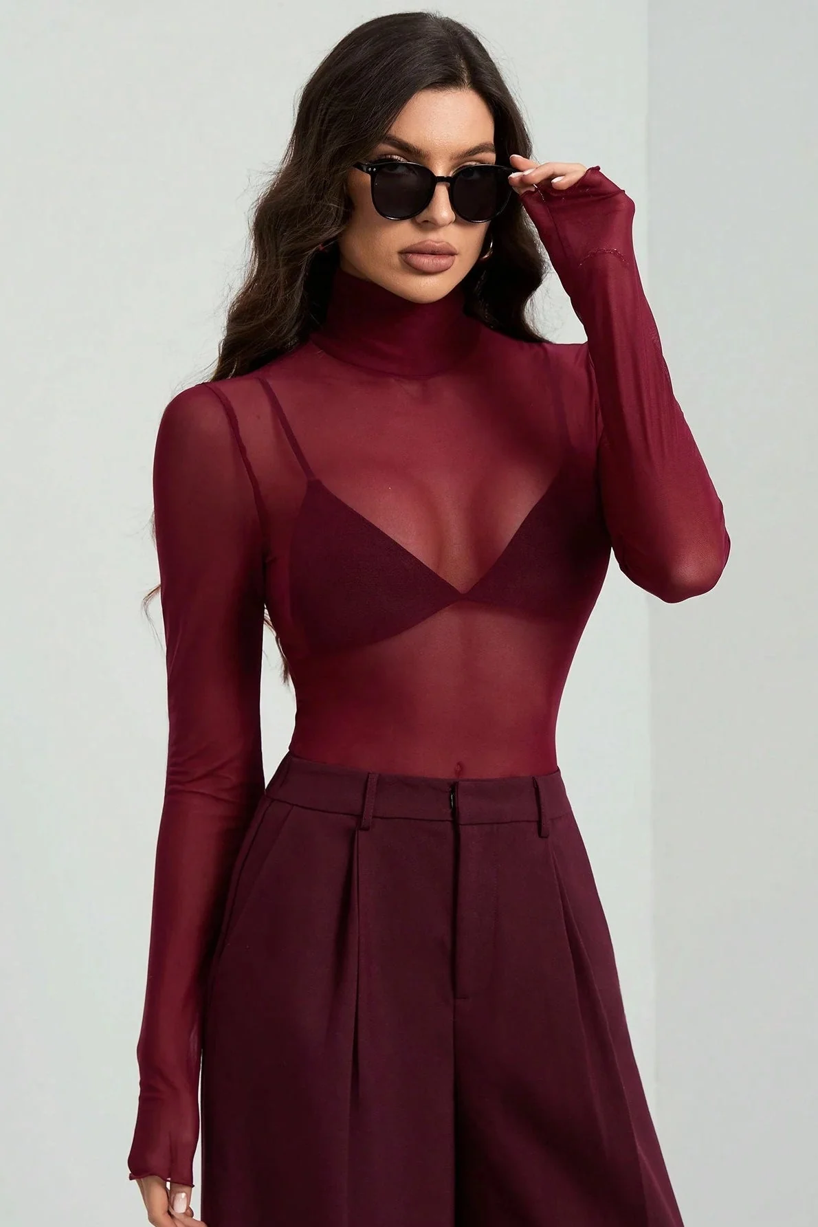 Stand Collar Solid Mesh Slim Fit Long Sleeve Tee - Image 3