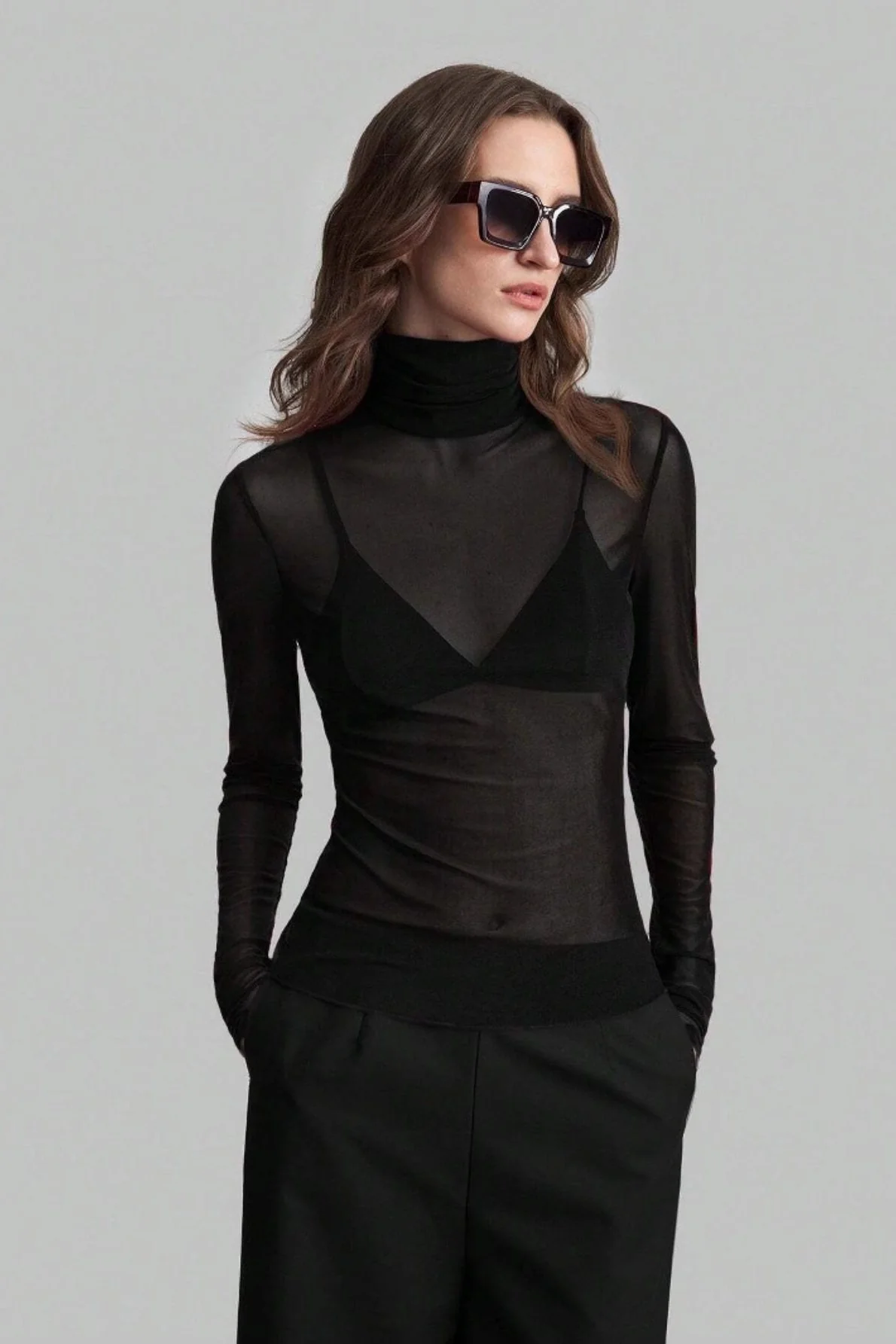 Stand Collar Solid Mesh Slim Fit Long Sleeve Tee - Image 4