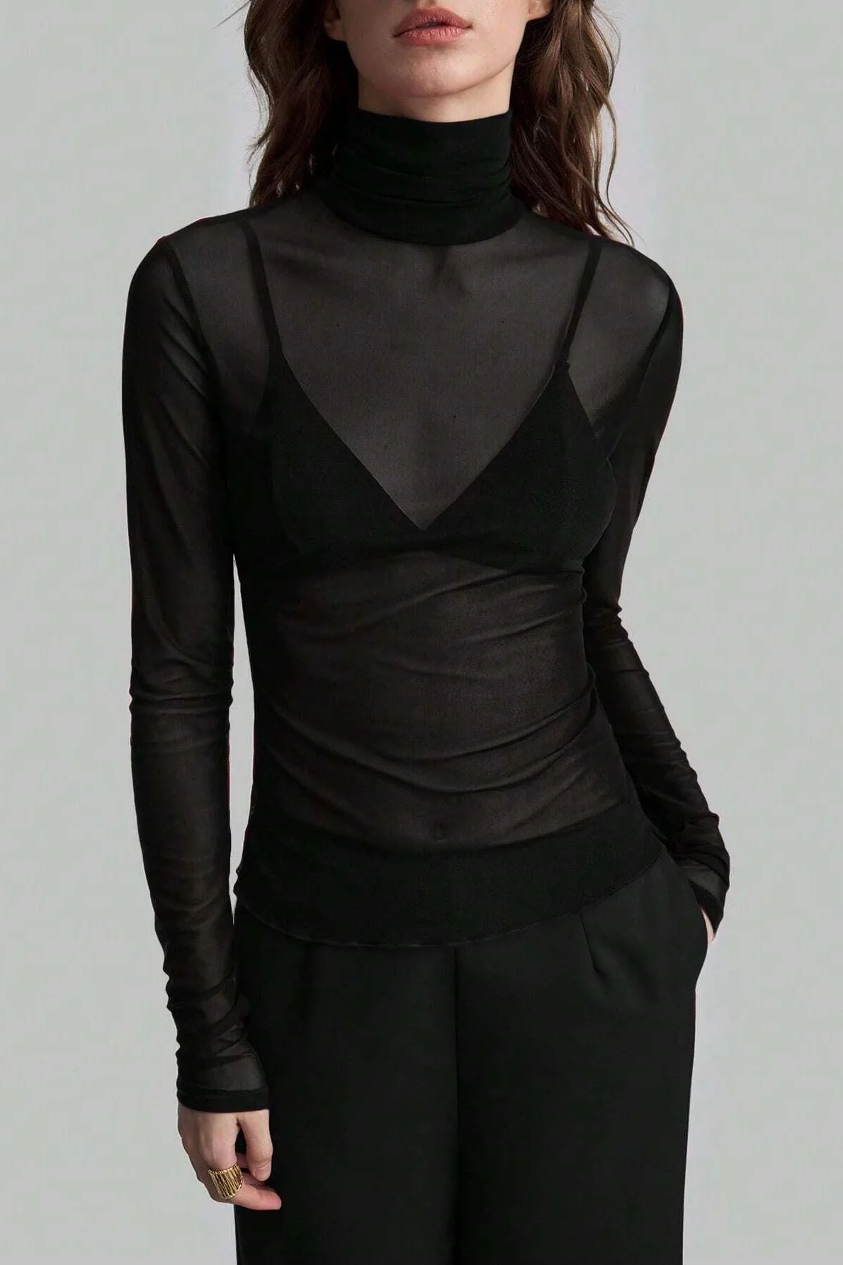 Stand Collar Solid Mesh Slim Fit Long Sleeve Tee - Image 5
