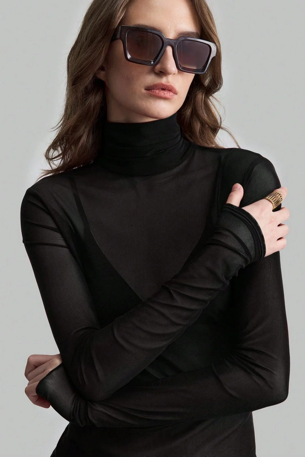Stand Collar Solid Mesh Slim Fit Long Sleeve Tee - Image 6